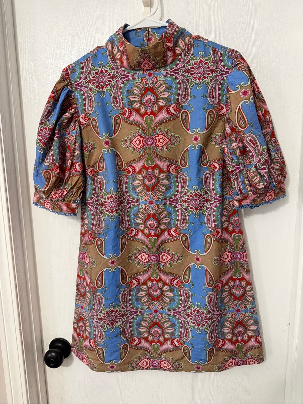 Ollari Mini Dress in Blue, Tan & Pink Floral Paisley Print.
